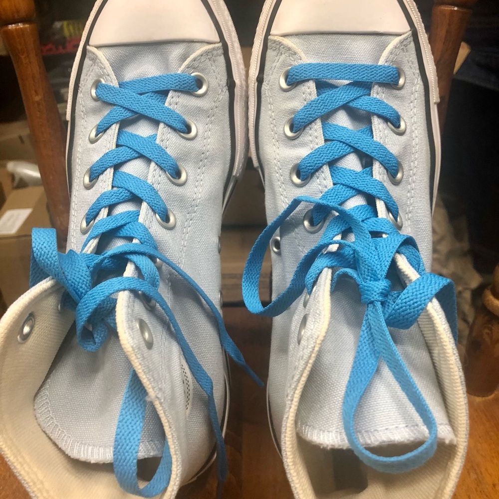 Women’s Light Blue Canvas High-Top Sneakers with Bright Blue Laces, White Laces
